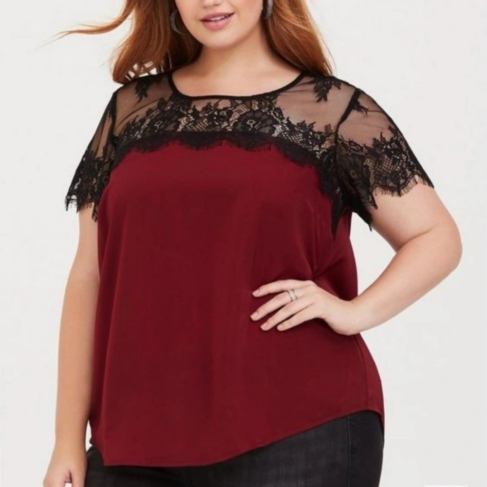 Torrid Burgundy with Lace Short Sleeve Blouse Size 1X or 2X